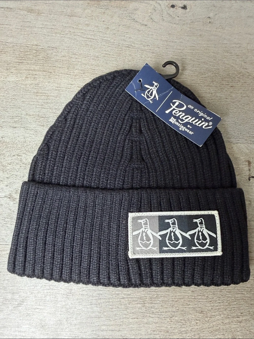 Original Penguin Black Ribbed Cuffed Beanie with Penguin Patch